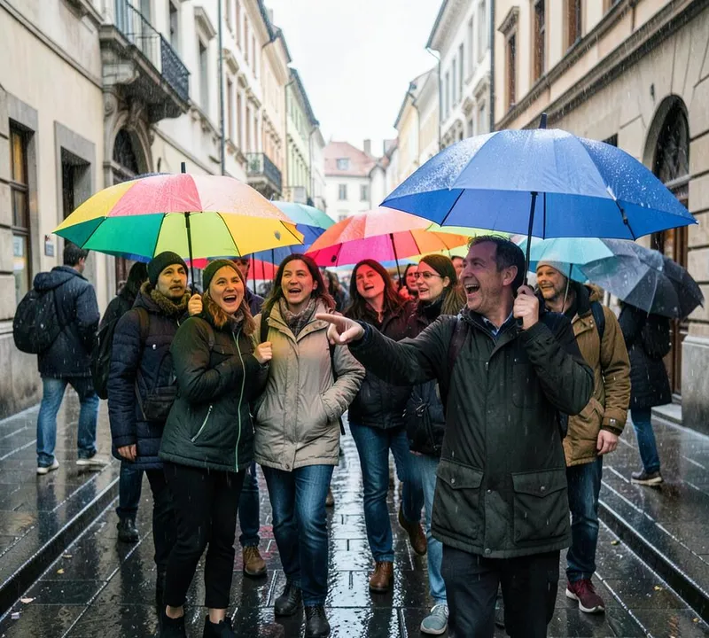 Walking tour group with colourful umbrellas in the rain